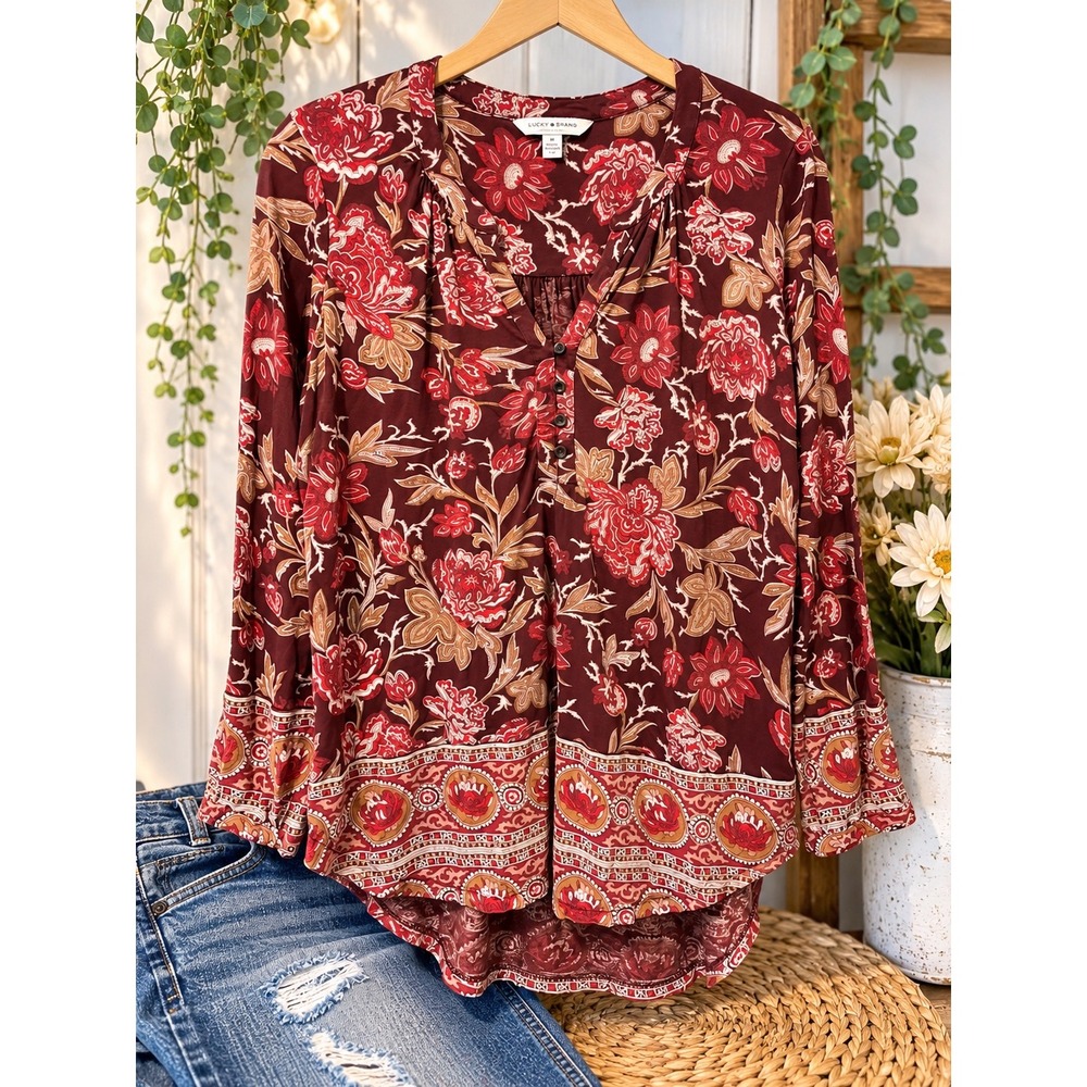 Lucky Brand Burgundy Floral Henley Blouse Long Sleeve Boho Top Medium